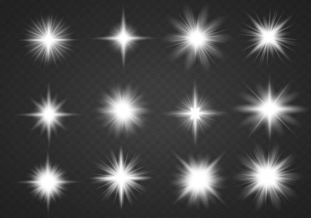 El sol blanco brilla Destello brillante Destello de iluminación Establecer efecto de luz brillante Chispas de estrellas brillantes Vector