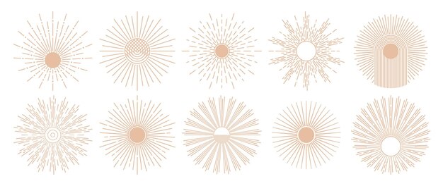Sol boho minimalista. Estallido de sol de arte lineal, rayos radiales en estilo bohemio y soles antiguos