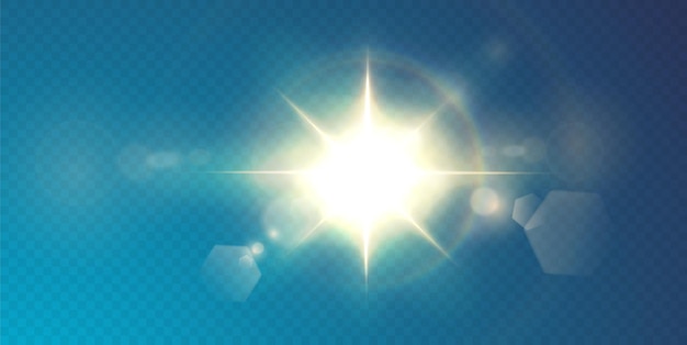 El sol brilla con rayos de luz brillantes con un resplandor realista. Estrella de luz sobre un fondo negro transparente.