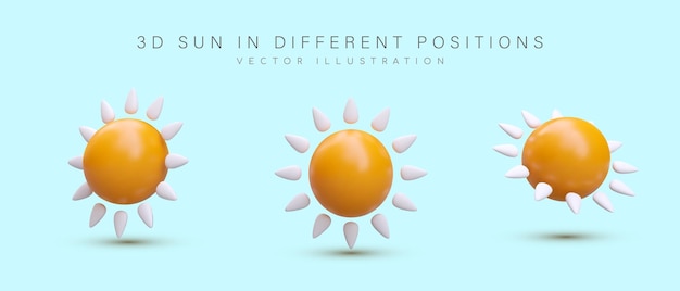 Sol brillante 3D en estilo de dibujos animados Conjunto de ilustraciones realistas en color Imágenes en diferentes posiciones