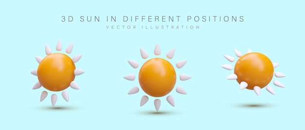 Vector sol brillante 3d en estilo de dibujos animados conjunto de ilustraciones realistas en color imágenes en diferentes posiciones