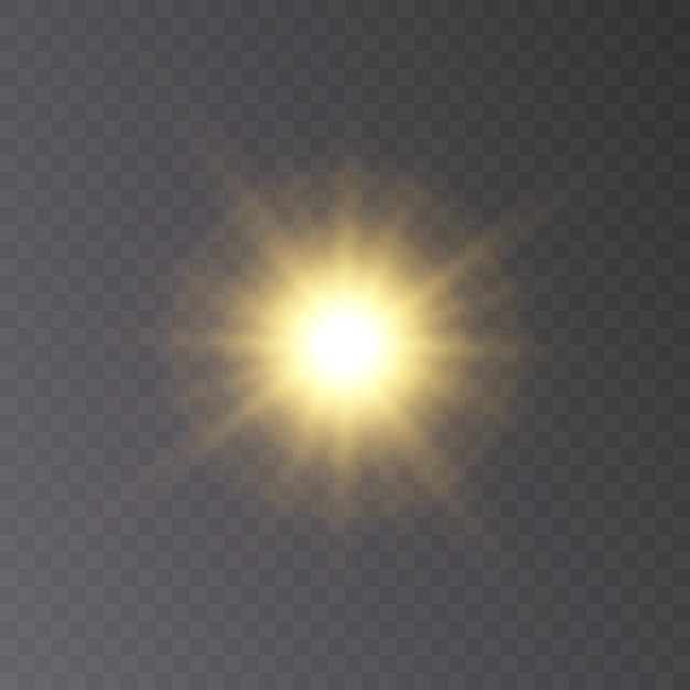 El sol brillante brilla con rayos cálidos, ilustración vectorial Estrella dorada brillante sobre un fondo transparente.