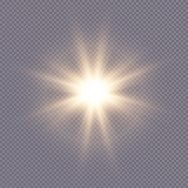 El sol brillante brilla con rayos cálidos, ilustración vectorial Estrella dorada brillante sobre un fondo transparente.