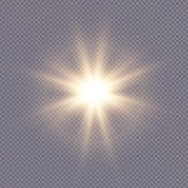 El sol brillante brilla con rayos cálidos, ilustración vectorial estrella dorada brillante sobre un fondo transparente.