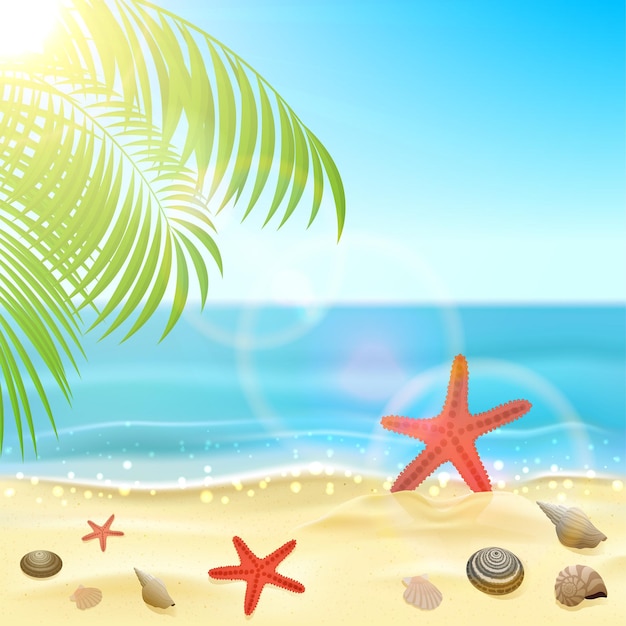 Vector sol brillante océano y palmeras fondo tropical con estrellas de mar y conchas marinas en la ilustración de la playa de arena