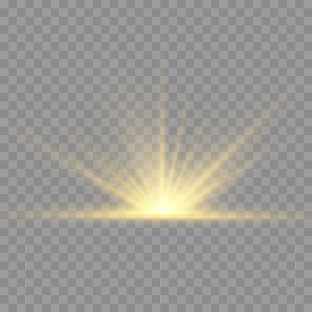 Sol brillante transparente, destello brillante. La luz amarilla brillante explota sobre un fondo transparente. Para centrar un destello brillante. Brillantes partículas de polvo mágico. Lucero. destellos