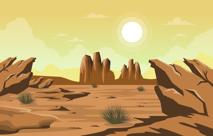 Vector sol brillante western american rock acantilado vasto desierto paisaje ilustración