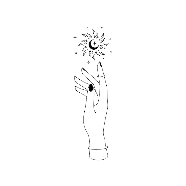 Sol celestial místico con constelaciones de luna creciente sobre silueta de contorno de mano de mujer. Ilustración de vector de símbolo de la bruja y la magia de Boho.