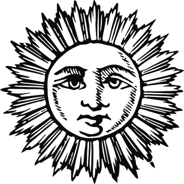 Sol celestial con rostro y ojos abiertos carta de tarot de dibujo estilizado elemento místico para el diseño