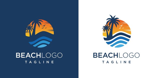 Sol circular y olas oceánicas Logotipo vectorial plano Elementos de plantilla de diseño de logotipo