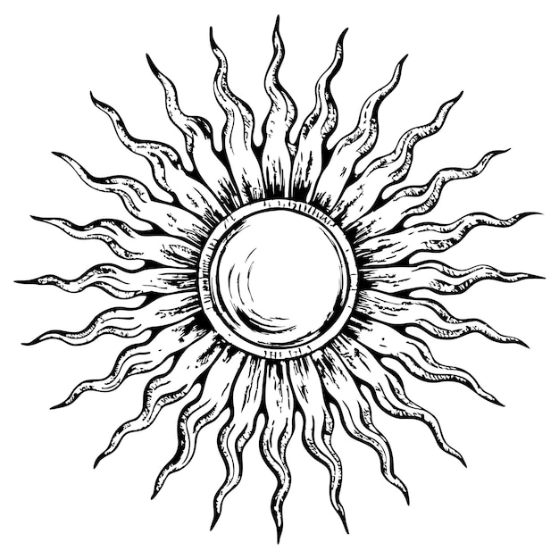 Sol como un gran círculo con líneas radiantes en un fondo blanco