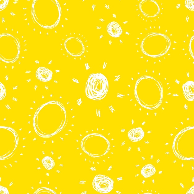 Sol dibujado a mano. Patrón sin costuras de sol de boceto simple. símbolo solar. Garabato amarillo aislado sobre fondo amarillo. ilustración vectorial