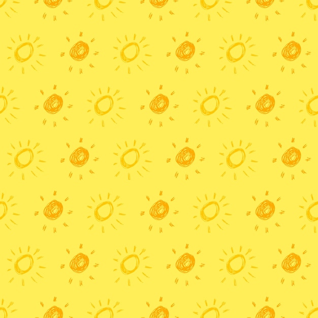 Sol dibujado a mano Patrón sin costuras de soles de boceto simple Símbolo solar Doodle amarillo aislado sobre fondo amarillo Ilustración vectorial
