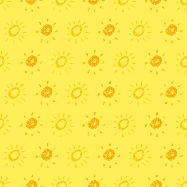 Sol dibujado a mano Patrón sin costuras de soles de boceto simple Símbolo solar Doodle amarillo aislado sobre fondo amarillo Ilustración vectorial