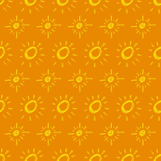 Sol dibujado a mano Patrón sin costuras de soles de boceto simple Símbolo solar Doodle amarillo aislado sobre fondo amarillo Ilustración vectorial