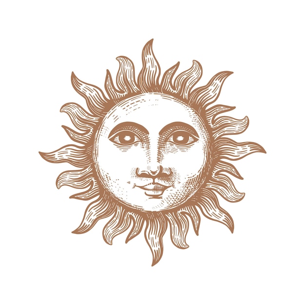 Sol, dibujo a mano en estilo grabado. Ilustración retro de gráficos vectoriales. pastiche de la vendimia