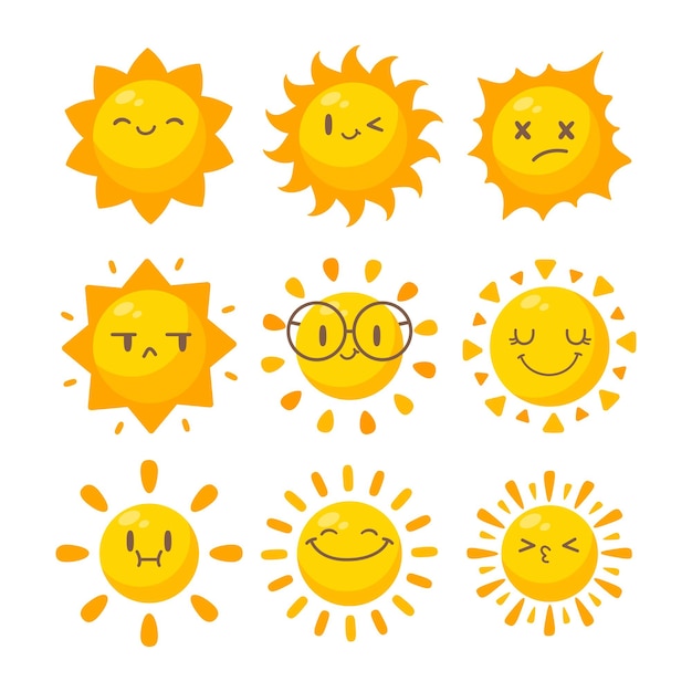 Sol de dibujos animados con lindas caras de dibujos animados para niños