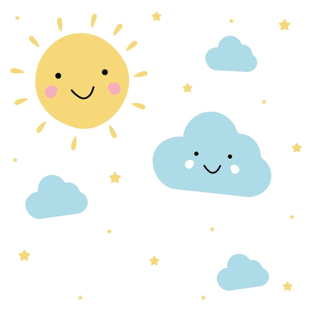 Un sol de dibujos animados y una nube con el sol detrás.