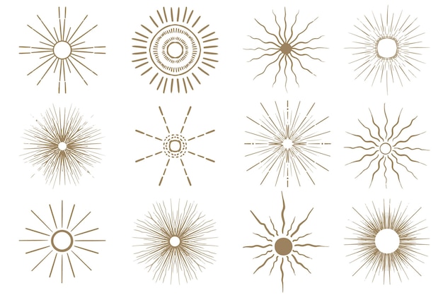 Sol dorado abstracto dibujado a mano en estilo boho. Cuerpo celeste, estrella isotérica, signos zodiacales.