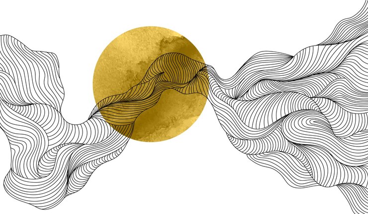 Sol dorado y líneas que fluyen Arte abstracto