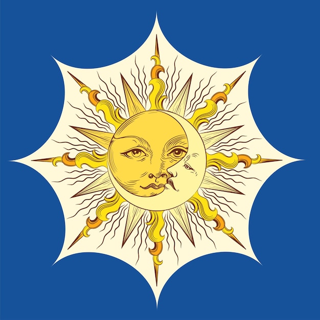 Sol dorado y luna creciente con rostro. Diseño para tatuajes, astrología, pegatinas, tarot.
