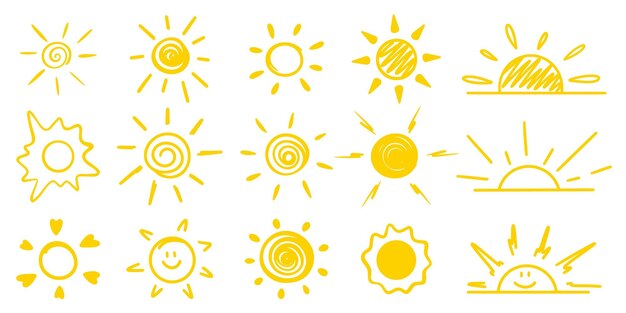 El sol se establece en estilo de garabateo para el diseño de verano, el amanecer, la puesta del sol, los rayos del sol y la línea amarilla clara del sol.
