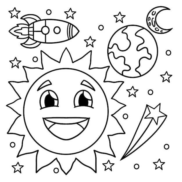 Sol feliz en el espacio página para colorear para niños