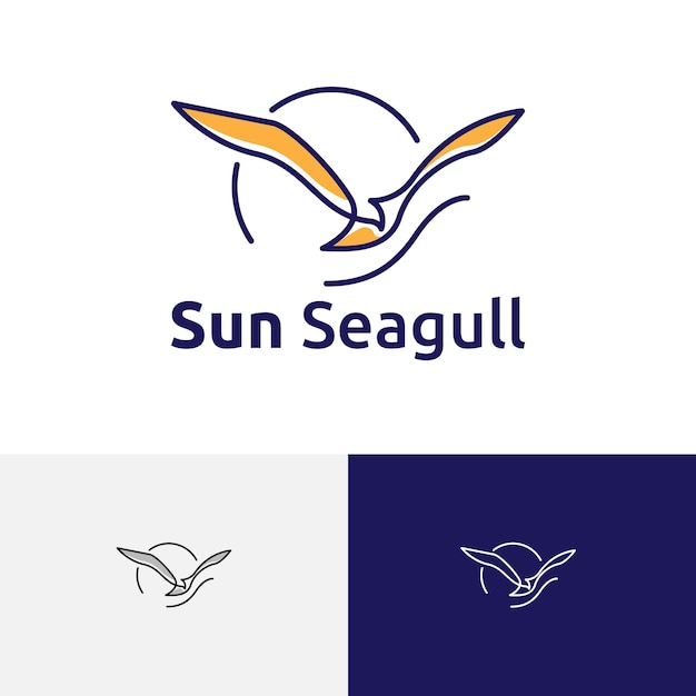 Vector sol gaviota pájaro volador mar playa bahía naturaleza línea logo