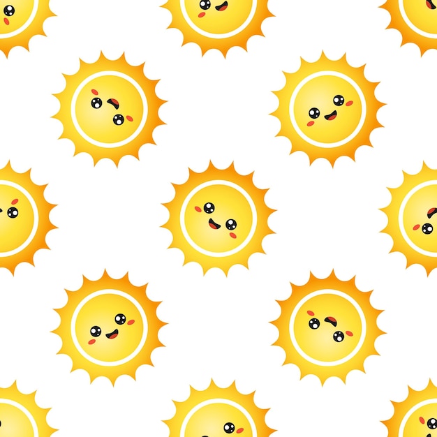 Sol kawaii amarillo con cara sonriente sobre fondo blanco patrón sin costuras vectorial