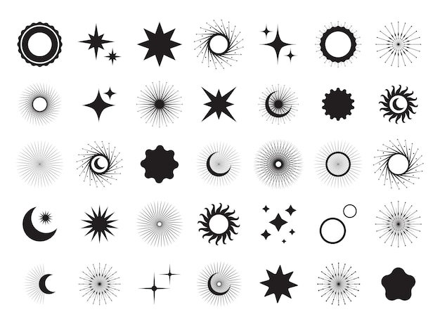 Sol luna estrellas cristales símbolos mágicos Vector establecido en estilo oriental Ilustración dibujada a mano