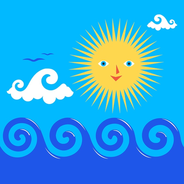 Sol y mar ondulado Fondo de verano con sol y mar azul Ilustración vectorial