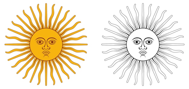 Sol de Mayo - emblema nacional de Argentina y Uruguay. Circulo amarillo con rostro humano, con 32 rayos, 16 rectos/ondulados, representando al dios Inti. Versión en color/blanco y negro.