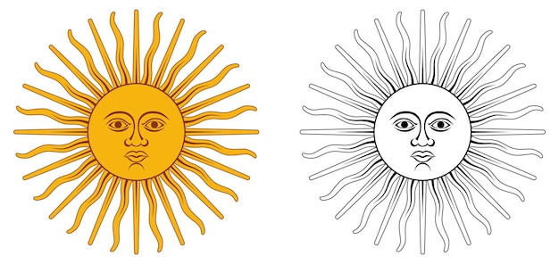 Vector sol de mayo - emblema nacional de argentina y uruguay. circulo amarillo con rostro humano, con 32 rayos, 16 rectos/ondulados, representando al dios inti. versión en color/blanco y negro.