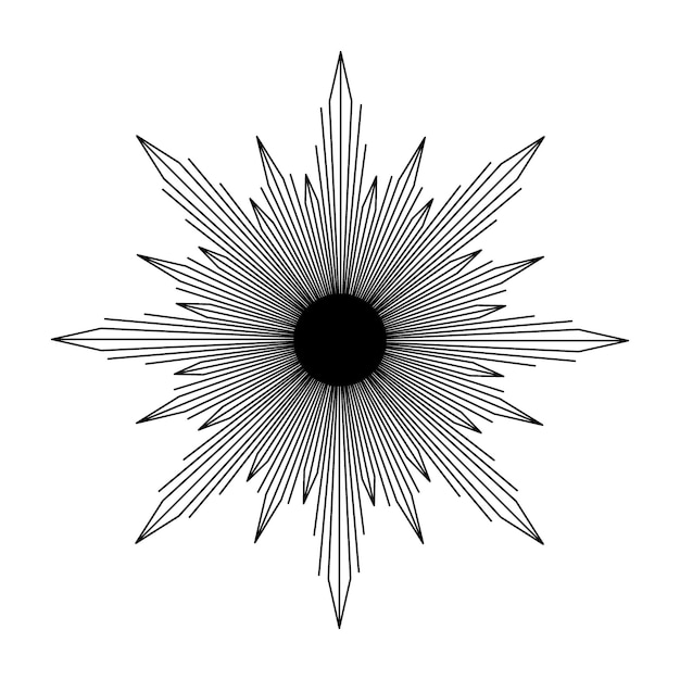 Sol místico dibujado a mano en arte lineal Rayos de luz Sunburst símbolo espiritual espacio celestial Talismán mágico estilo antiguo boho tatuaje emblema logo Vector ilustración aislado sobre fondo blanco