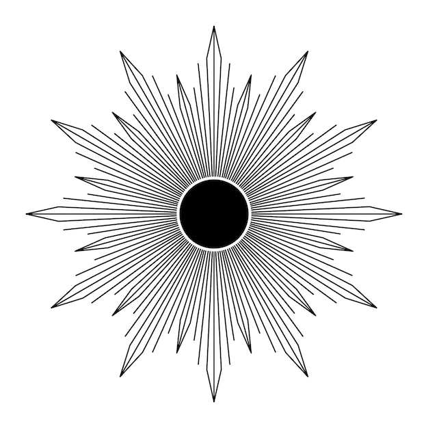 Sol místico dibujado a mano en arte lineal Rayos de luz Sunburst símbolo espiritual espacio celestial Talismán mágico estilo antiguo boho tatuaje emblema logo Vector ilustración aislado sobre fondo blanco