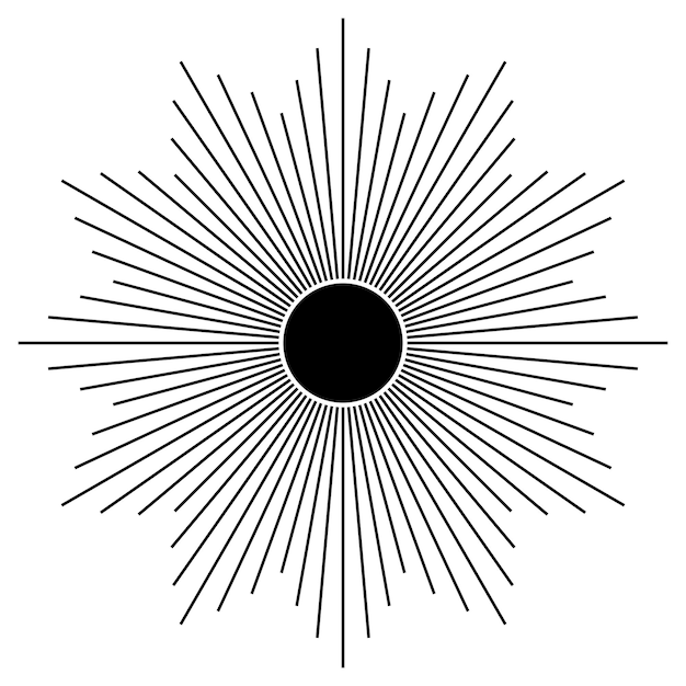 Sol místico dibujado a mano en arte lineal Rayos de luz Sunburst símbolo espiritual espacio celestial Talismán mágico estilo antiguo logotipo de tatuaje boho Ilustración vectorial aislada sobre fondo blanco