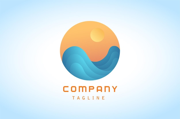 Sol naranja con logo degradado de etiqueta de onda azul