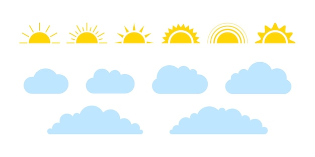 Sol y nube en el cielo icono del tiempo de puesta Estilo plano simple de diferentes medias sol y nubes