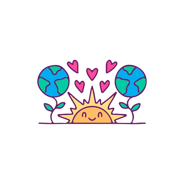 Sol, planta de tierra y corazón, ilustración para camisetas, pegatinas o prendas de vestir.