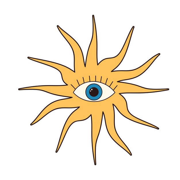 Sol psicodélico maravilloso retro con ojo Elemento de dibujos animados hippie de Boho Símbolo de oráculo de adivino