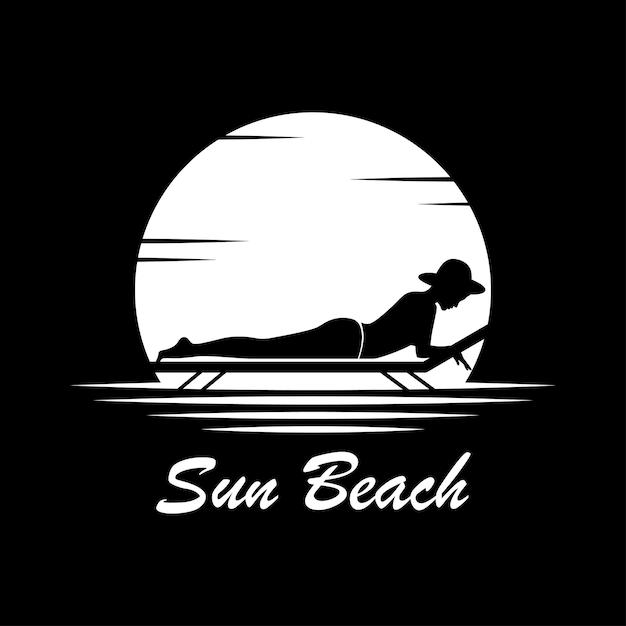 Vector sol y relajación mujer tomando el sol puesta de sol verano playa logo imágenes vacaciones diseño sobre fondo negro