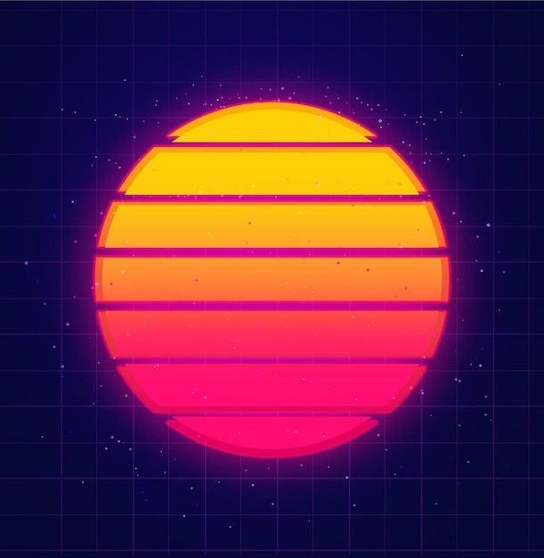 Vector sol retro brillando en el cielo estrellado vaporwave y música de fondo puesta de sol futurista en estilo de los 80