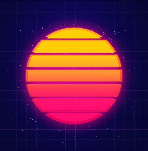 Sol retro brillando en el cielo estrellado vaporwave y música de fondo Puesta de sol futurista en estilo de los 80