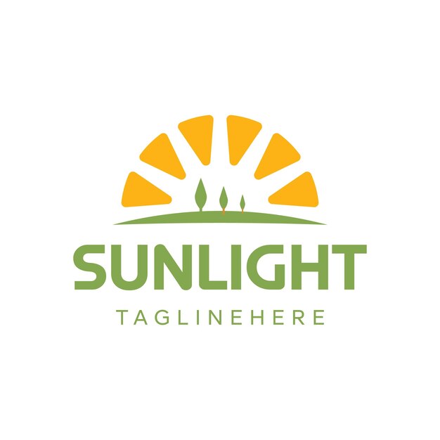 Sol simple brillando con símbolos de tierras verdes y árboles para la agricultura Inspirado por el diseño del logotipo