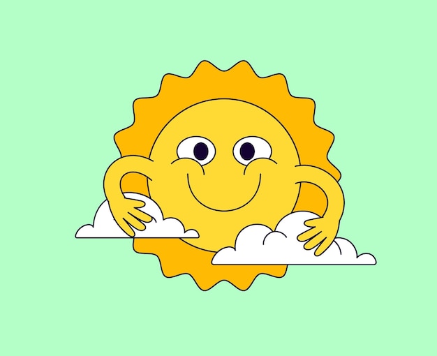 El sol sonriente abrazando las nubes dibujado a mano