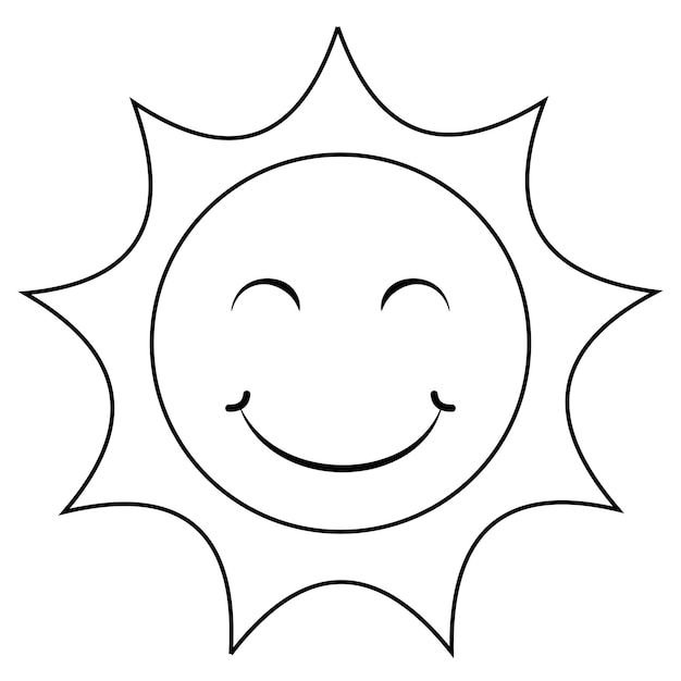 Sol sonriente en blanco y negro Página de colorear de diseño plano vectorial de sol sonriente