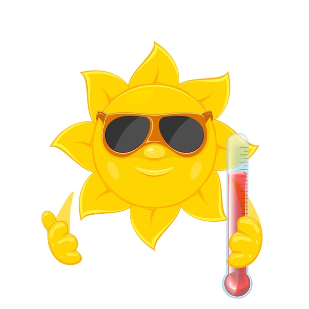Sol sonriente con gafas de sol y termómetro aislado en ilustración de fondo blanco