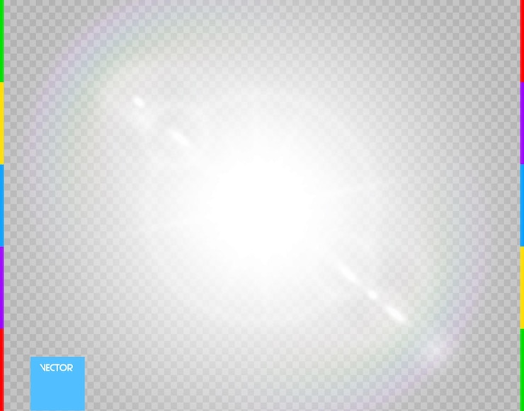 Vector sol vectorial. efecto de luz de destello de lente especial de luz solar transparente brillante. rayos de flash aislados y foco. fondo translúcido frontal blanco. desenfoque de elemento de decoración abstracta. estrella estalló con chispa.