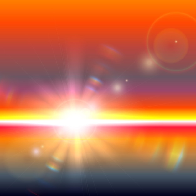 Sol vectorial sobre el horizonte con destellos de lente