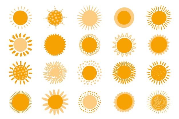 El sol de verano dibujado a mano esbozo elementos amarillos dibujar objetos de la luz del sol de la mañana la energía del amanecer el sol brilla lindo puesta de sol símbolo del día de primavera o verano iconos aislados de dibujos animados vectoriales